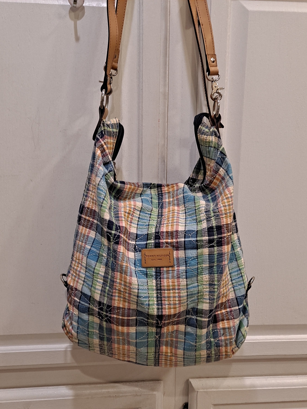 Tommy Hilfiger Madras Quilted Pastel Plaid Hobo Floral Crewel Stitch w/Tan Strap